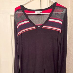 Liz Claiborne Size M Black/Pink/White Stripe V Neck Sweater